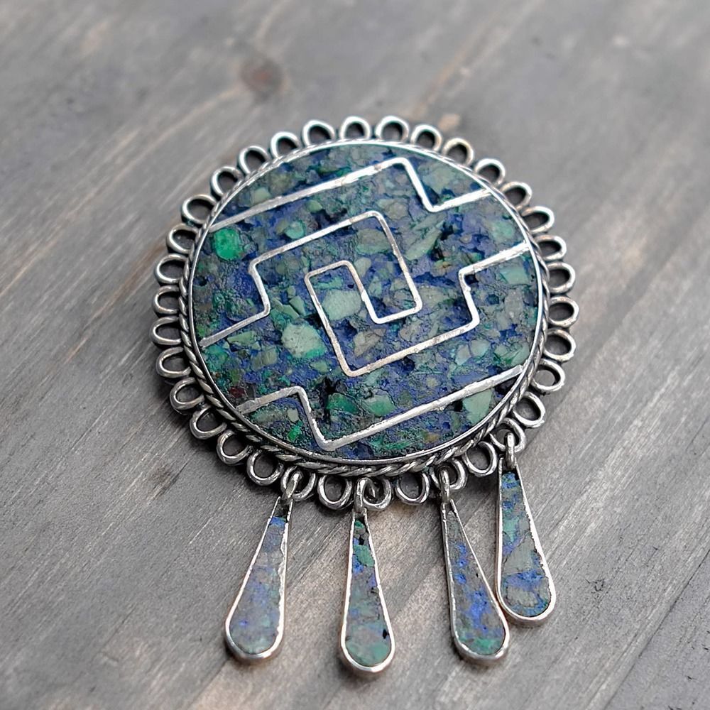 Sterling Silver Taxco Mexico Brooch/Pendant Inlay Crushed Lapis Turquoise READ